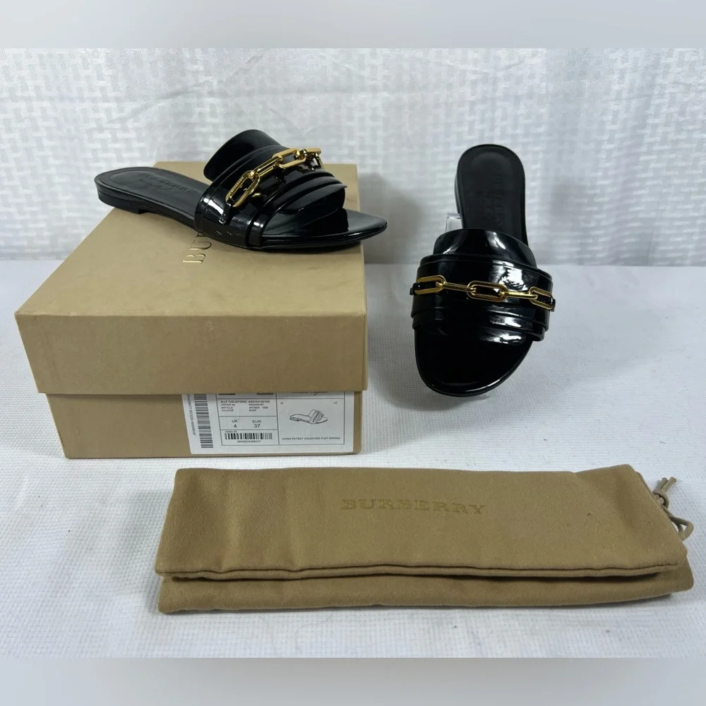 Burberry Coleford Black Patent Leather Chain Sandals EU 37